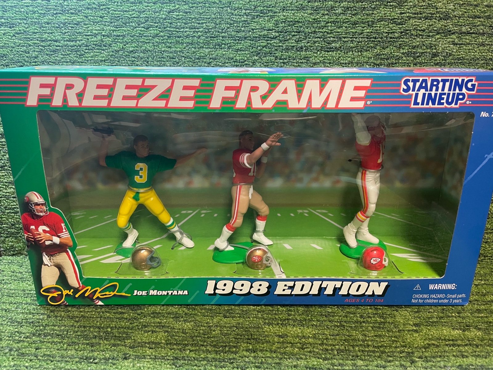 lot 150 image: 1998 Edition Starting Lineup, Joe Montana Throughout the Years at Notre Dame, San Francisco, Kansas City Chiefs (3 Figures in one Box)