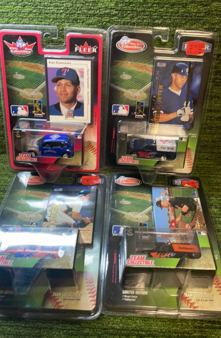 lot 151 image: Fleer Team Collectible miniature Vehicles, MLB  Alex Rodriguez, Derek Jeter, Piazza, & Cal Ripken Jr.- New in Package