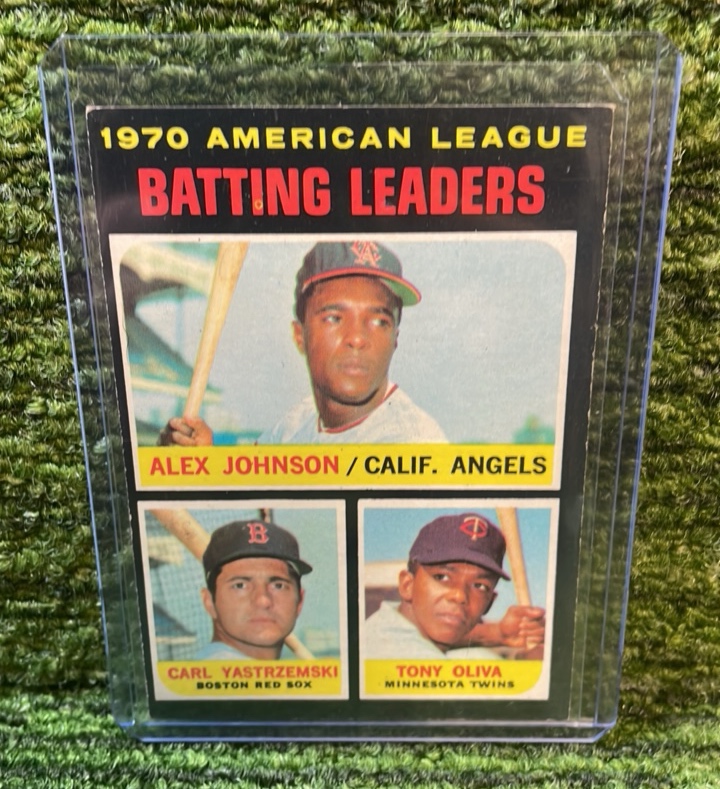 lot 156 image: 1971 Topps American League Batting Leaders, Carl Yastrzemski, Tony Oliva, Boston Red Sox, Minnesota Minnesota Twins