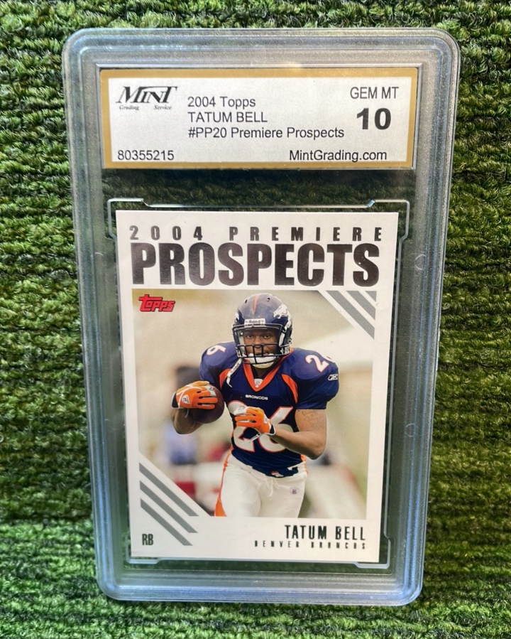 lot 182 image: 2004 Topps Tatum Bell Premiere Prospects, Denver Broncos graded GEM MT 10