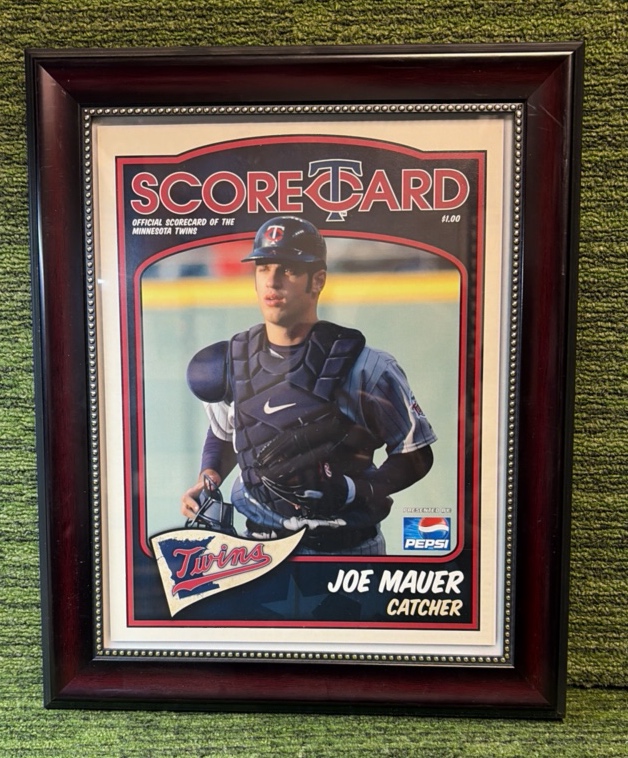 lot 49A image: Joe Mauer Framed Official Scorecard MLB-  Pepsi, Minnesota Twins