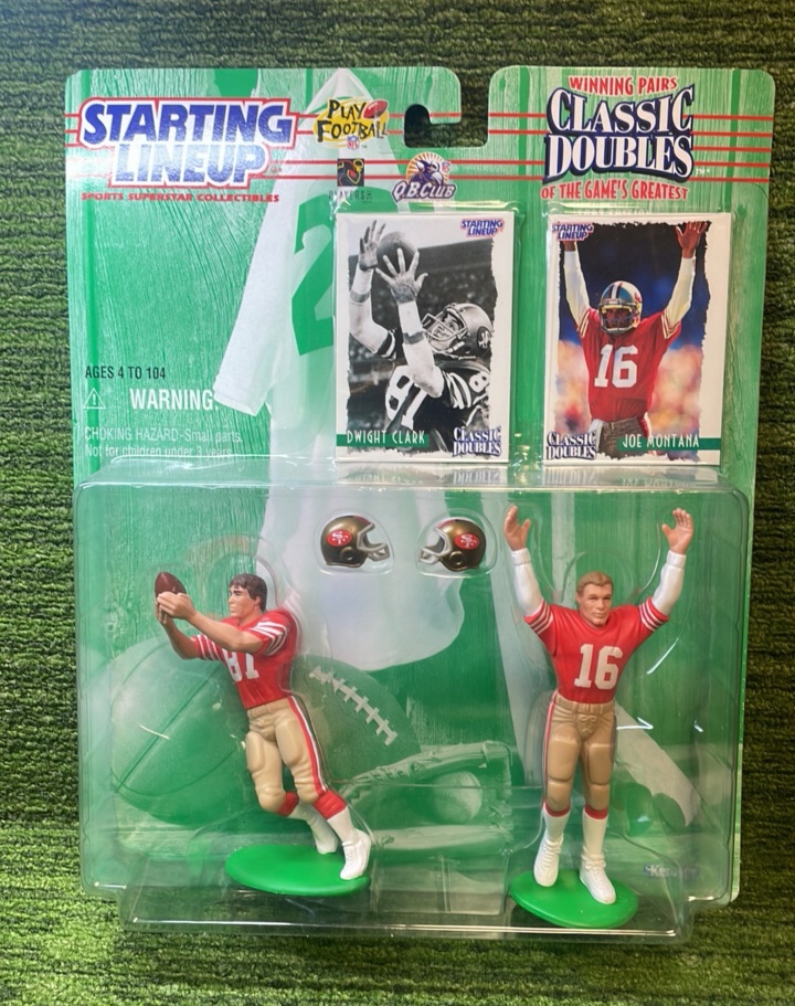 lot 52 image: 1997 Starting Lineup Classic Doubles- Joe Montana and Dwight Clark- San Francisco 49ers Winning Pairs- GOOD Condition in the Box
