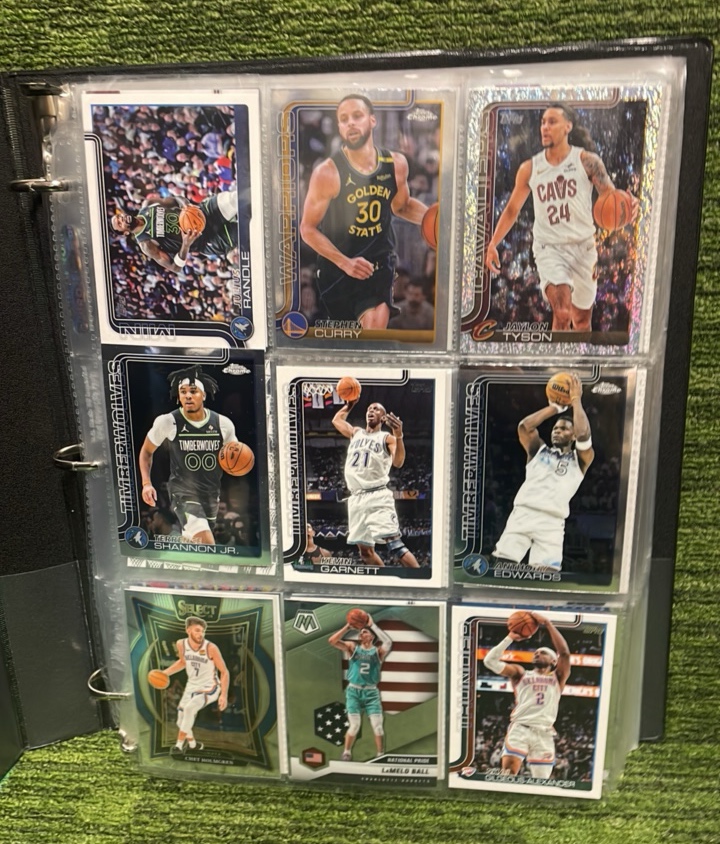 lot 9 image: Large Mixed Sport Binder, Basketball, Football, Baseball, Pokmon, One Piece, and More 23 pages, 9 cards per page, All Stars, Rookies and Inserts 