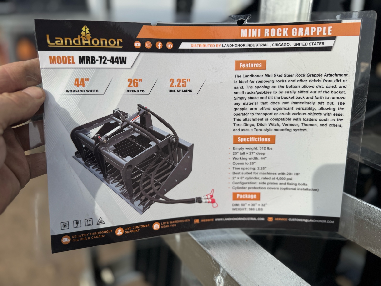 Mini Skid Steer Rock Grapple - LandHonor - 2026 - Unused - MRB-72-44W