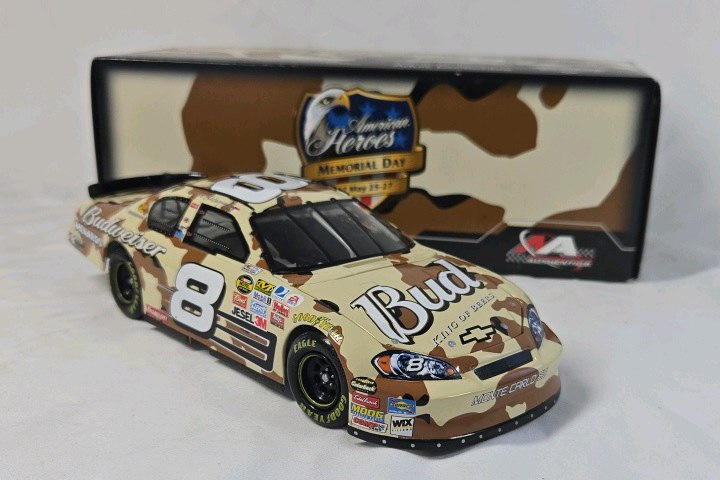 lot 105 image: Dale Earnhardt Jr. 2007 Budweiser American Heroes Memorial Day Monte Carlo SS  Camo Diecast with Original Box