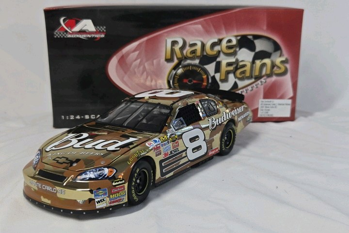 lot 108 image: Dale Earnhardt Jr. 2007 Budweiser American Heroes Monte Carlo SS  Chrome Camo Diecast with Original Box