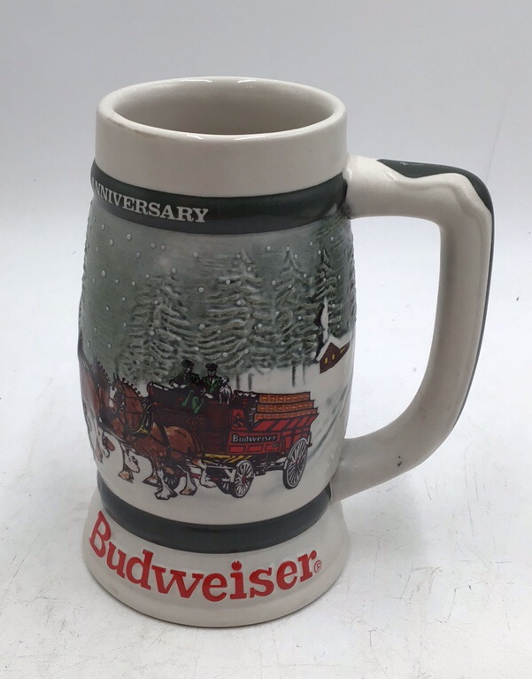 lot 149 image: Vintage Budweiser Anniversary Stein  Ceramarte Made in Brazil with Clydesdale Scene