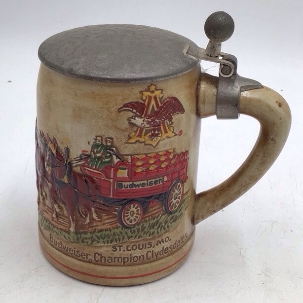 lot 153 image: Vintage Budweiser Champion Clydesdales Stein  Ceramarte Made in Brazil with Wagon Scene
