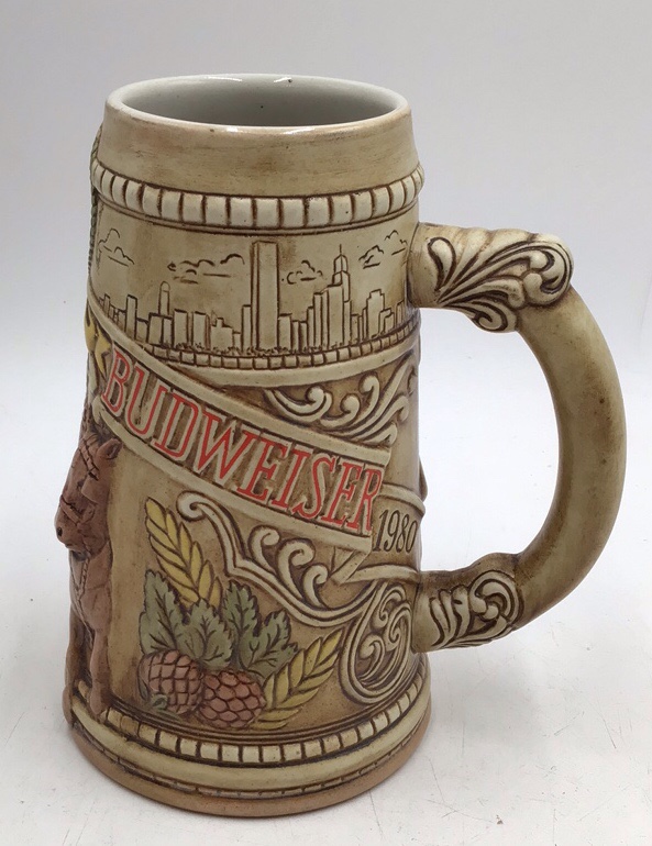 lot 159 image: Vintage Budweiser 1980 Stein  Handcrafted Limited Edition with City Skyline & Hops Design