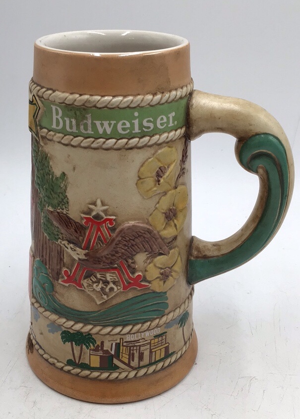 lot 161 image: Vintage Budweiser California Stein  Handcrafted Limited Edition with Hollywood & State Seal Design