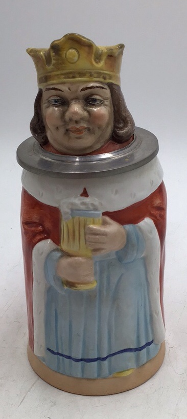 lot 162 image: Vintage King Character Character Stein  Ceramic with Crown Lid & Pewter Handle