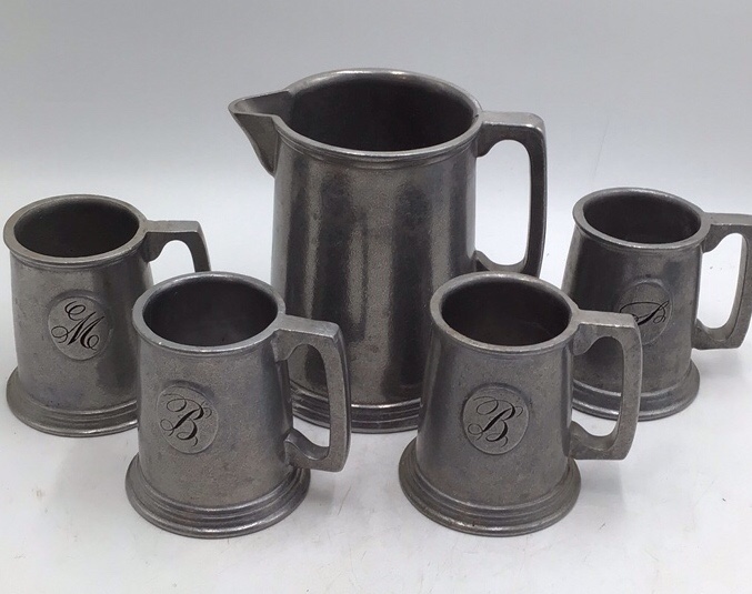 lot 163 image: Vintage Wilton Pewter Monogrammed Beer Set  Pitcher and Four Mugs with Initials