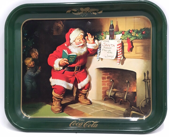 lot 166 image: Vintage Coca-Cola Santa Tray  Green Metal with Fireplace Scene