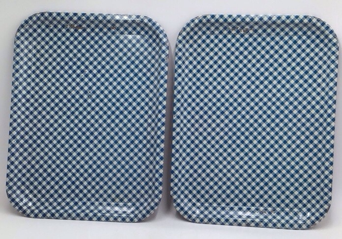 lot 176 image: Vintage Blue Gingham Check Metal Serving Trays  Pair of Rectangular Trays