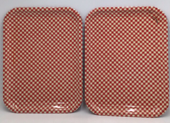 lot 178 image: Vintage Red Gingham Check Metal Serving Trays  Pair of Rectangular Trays