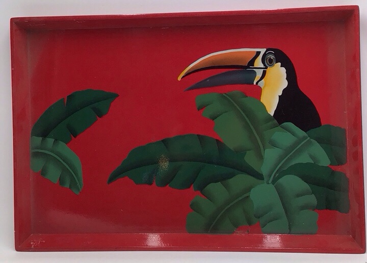 lot 179 image: Vintage Tropical Toucan Serving Tray  Red with Painted Bird and Leaves