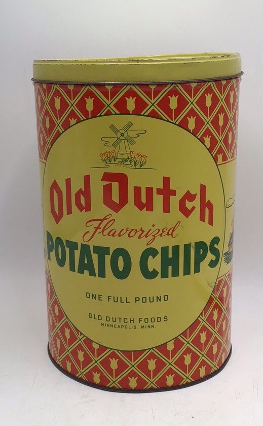 lot 184 image: Vintage Old Dutch Flavored Potato Chips Tin  Minneapolis Red & Yellow with Tulip Pattern