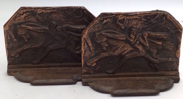 lot 187 image: Vintage Cast Iron Horse Tamer Bookends  Bronze Finish with Relief Design