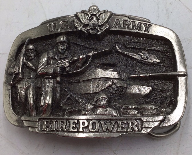 lot 189 image: Vintage U.S. Army Firepower Belt Buckle  1983 Copyright Limited Edition with Combat Scene