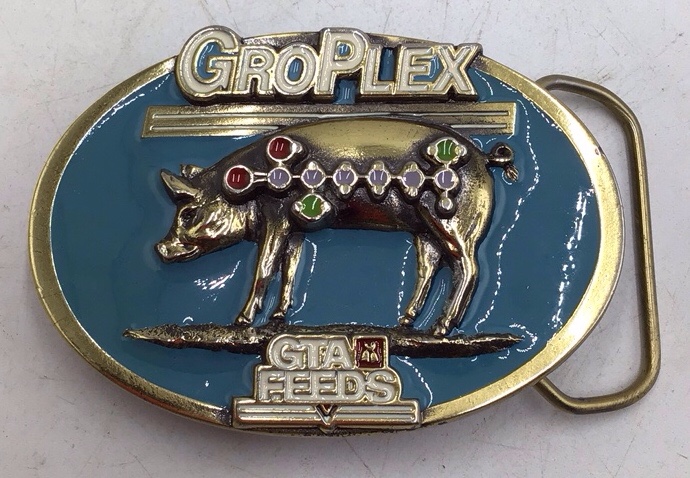 lot 190 image: Vintage 1987 GTA Groplex Swine Feeds Limited Edition Belt Buckle  Pig with Nutrient Markers