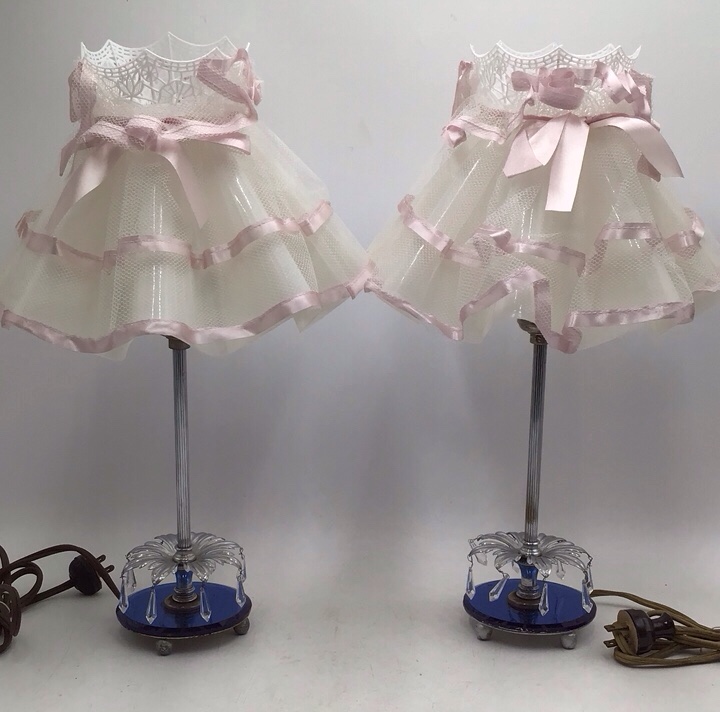 lot 202 image: Vintage Pair of Blue Glass Base Table Lamps  Crystal Drops and Net Shades