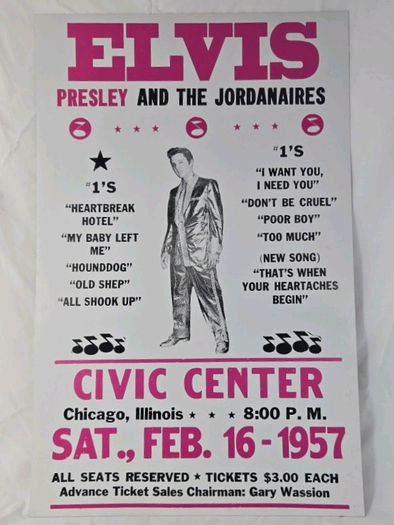 lot 243 image: 1957 Elvis Presley Concert Poster  Chicago Civic Center February 16