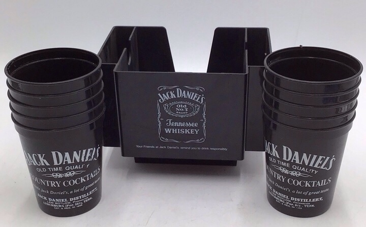 lot 4 image: Vintage Jack Daniels Plastic Cups with Napkin Straw Holder  Country Cocktails Promotional