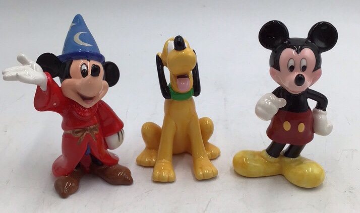 lot 43 image: Vintage Disney Ceramic Figurines  Sorcerer Mickey, Pluto, and Mickey