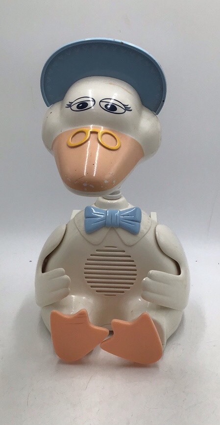lot 65 image: Vintage Mother Goose Storyteller Lamp  White Plastic Granny Duck with Blue Hat and Speaker Grille