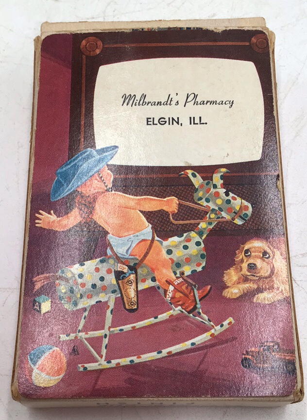 lot 71 image: Vintage Milbrandts Pharmacy Childrens Playing Cards  Baby Face Humor Deck in Box