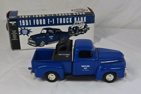 lot 75 image: Vintage Wix Filters 1951 Ford F-1 Truck Bank  Blue Diecast with Tire Load and Original Box