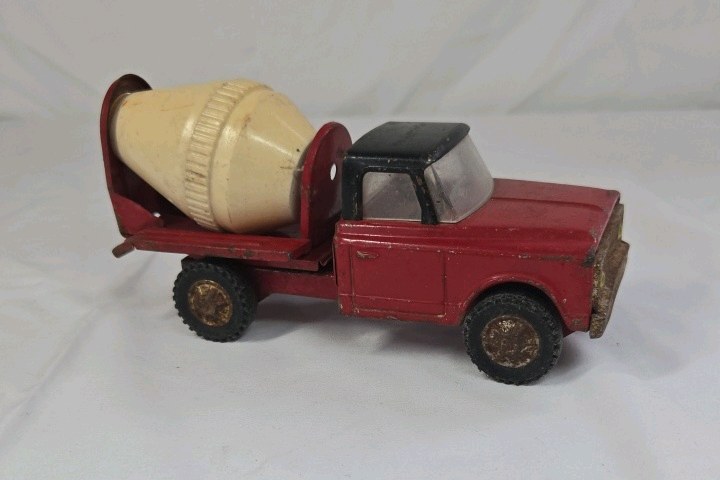 lot 76 image: Vintage Red Cement Mixer Truck  Metal Cab with Cream Drum and Black Tires
