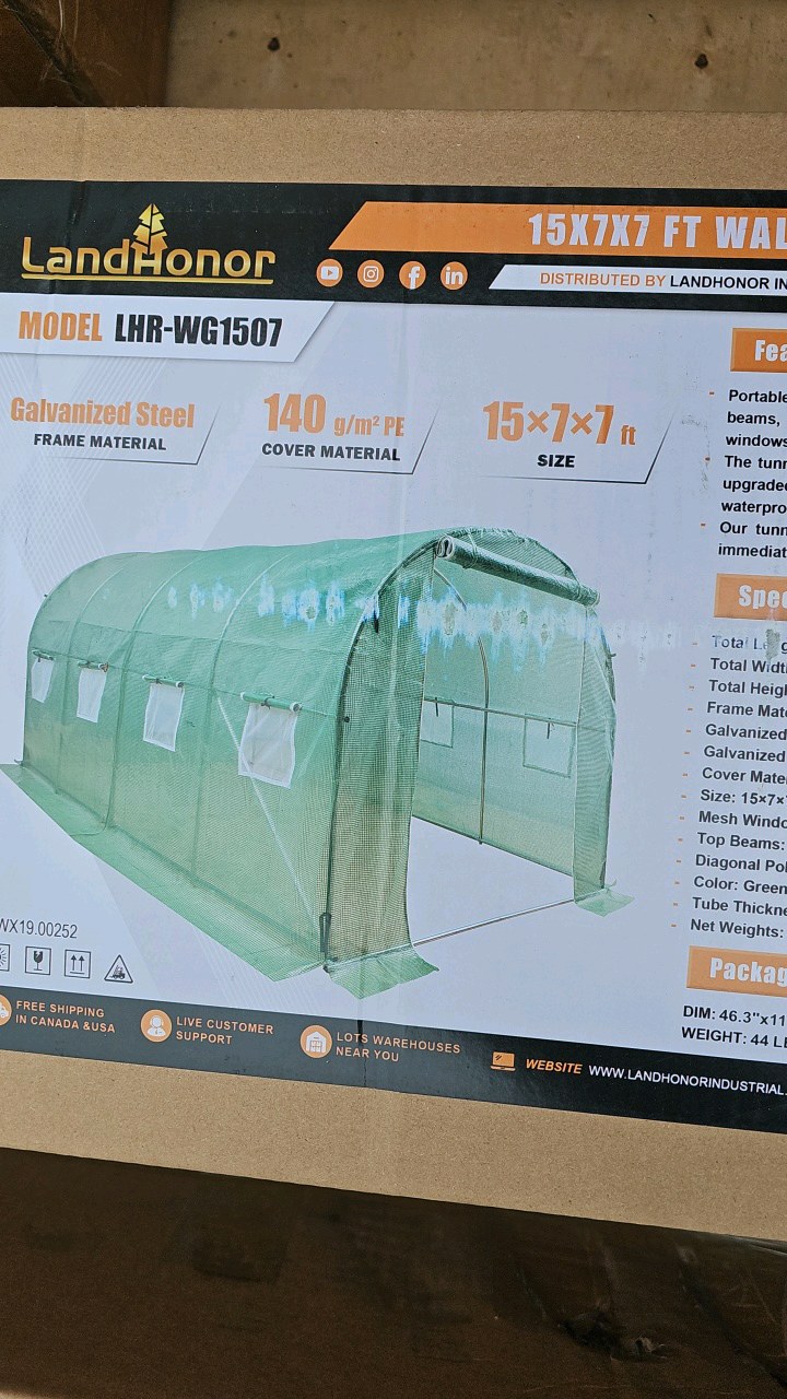 lot 107 image: 2026 Unused LandHonor 15 x 7 x 7 Ft Walk-in Greenhouse LHR-WG1507