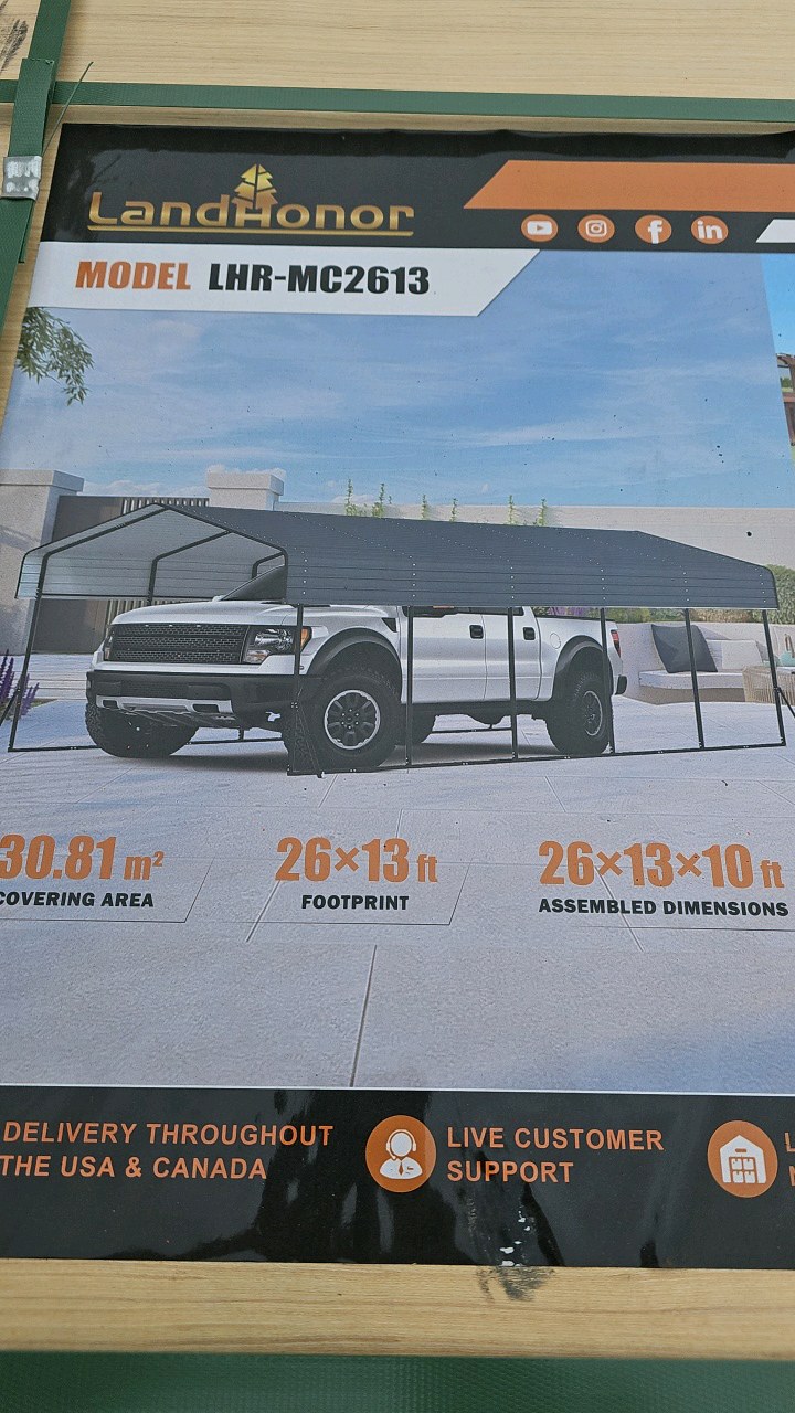 lot 164 image: 2026 Unused LandHonor 26 x 13 Ft Metal Carport LHR-MC2613