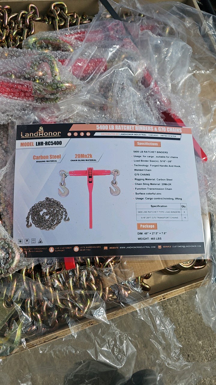 lot 172 image: 2026 Unused LandHonor 5400 LB Ratchet Binders & G70 Chains LHR-RC5400