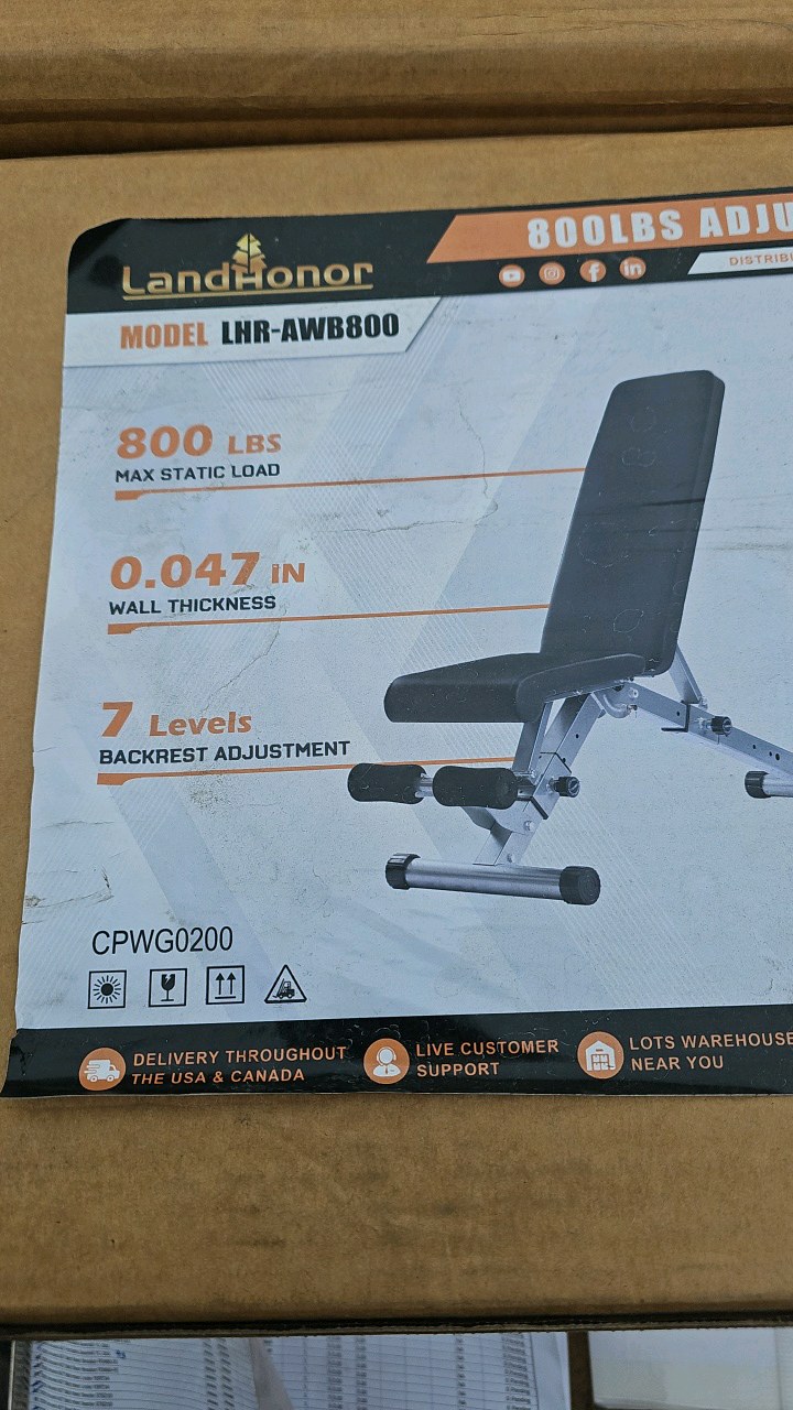lot 194 image: 2026 Unused LandHonor 800 Lbs Adjustable Weight Bench LHR-AWB800