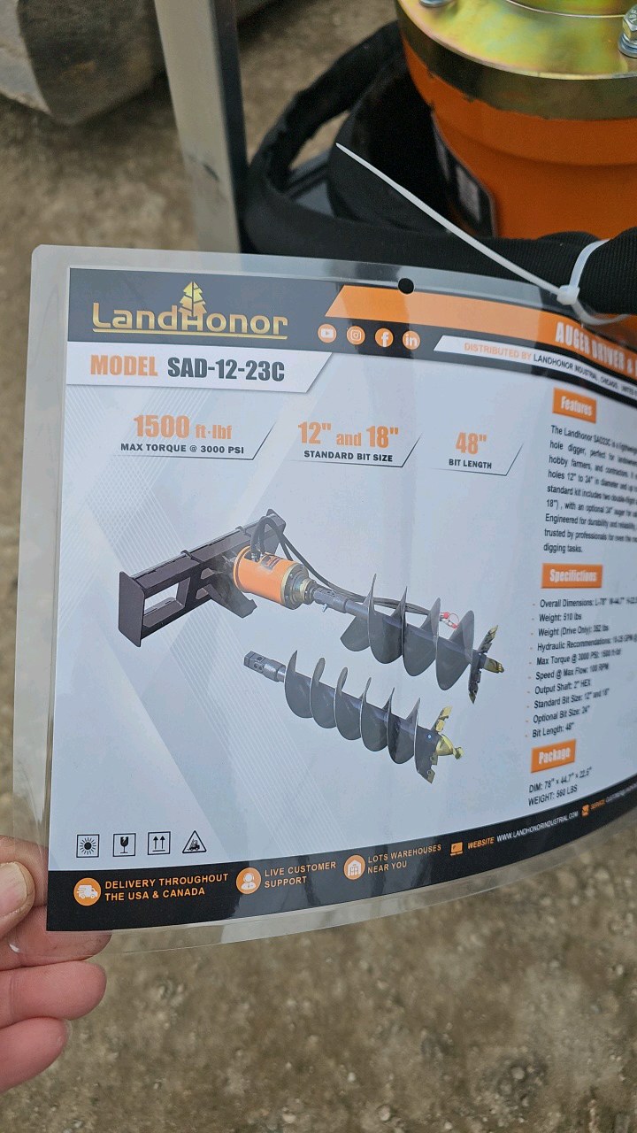 lot 41 image: 2026 Unused LandHonor Skid Steer Loader Auger Drives SAD-12-23C