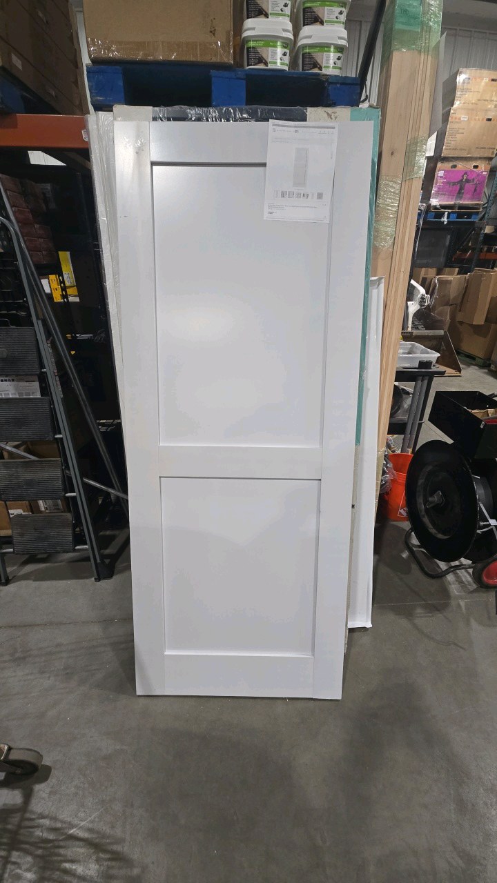 lot 1 image: 32 in. x 80 in. 2-Panel Shaker Solid Core White Primed Composite MDF Interior Door Slab