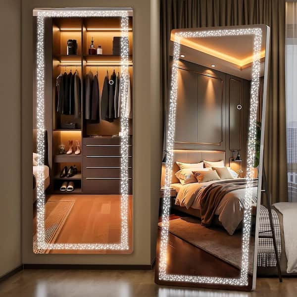 lot 103 image: Vosuja 16 in. W x 56 in. H LED Full-Length White Frame Mirror with Triangle Pattern, Wall Mounted Mirror Dimming, 3 Color Modes