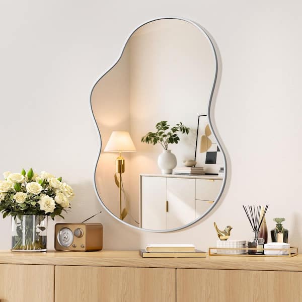 lot 105 image: Vosuja 24 in. W x 35 in. H Silver Irregular Wall Mirror Asymmetrical Decorative Mirror for Living Room, Bathroom, Bedroom