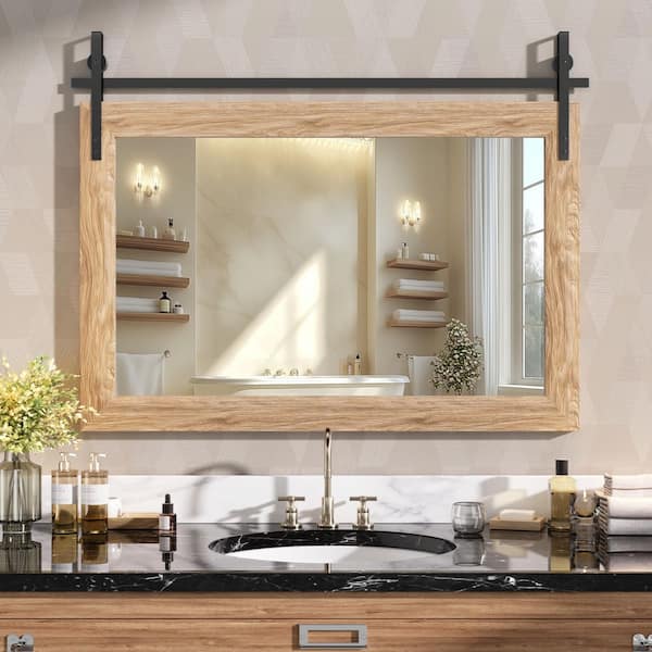 lot 106 image: Vosuja Brown 40 in. W x 26 in. H Rectangle Wood Framed Farmhouse Wall Mounted Mirror Vintage Vanity Decrative Bathroom Mirrors
