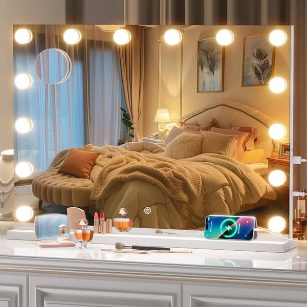 lot 107 image: Vosuja 28 in. W x 20 in. H Rectangle Framed Vanity Mirror with Lights, White LED Makeup Mirror with 5X Magnification