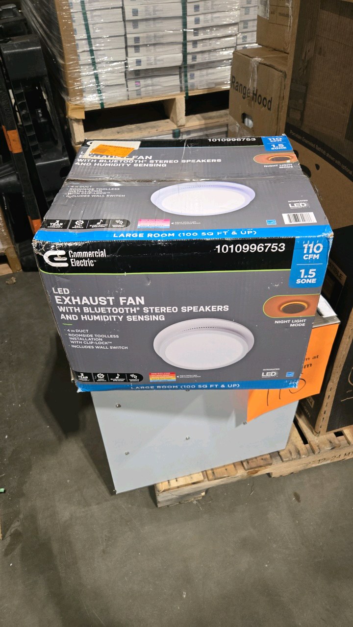 lot 117 image: Commercial Electric 110 CFM 1.5 Sones Ceiling Bathroom Exhaust Fan with Bluetooth, Humidity Sensor, Adjustable CCT LED and Night Light
