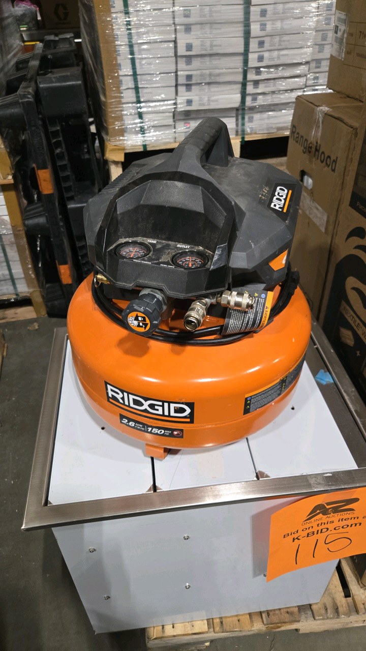 lot 118 image: RIDGID 6 Gal. 150 PSI Portable Electric Oil-Free Jobsite Pancake Air Compressor with Dual Pressure Gauges and 2-Quick Couplers
