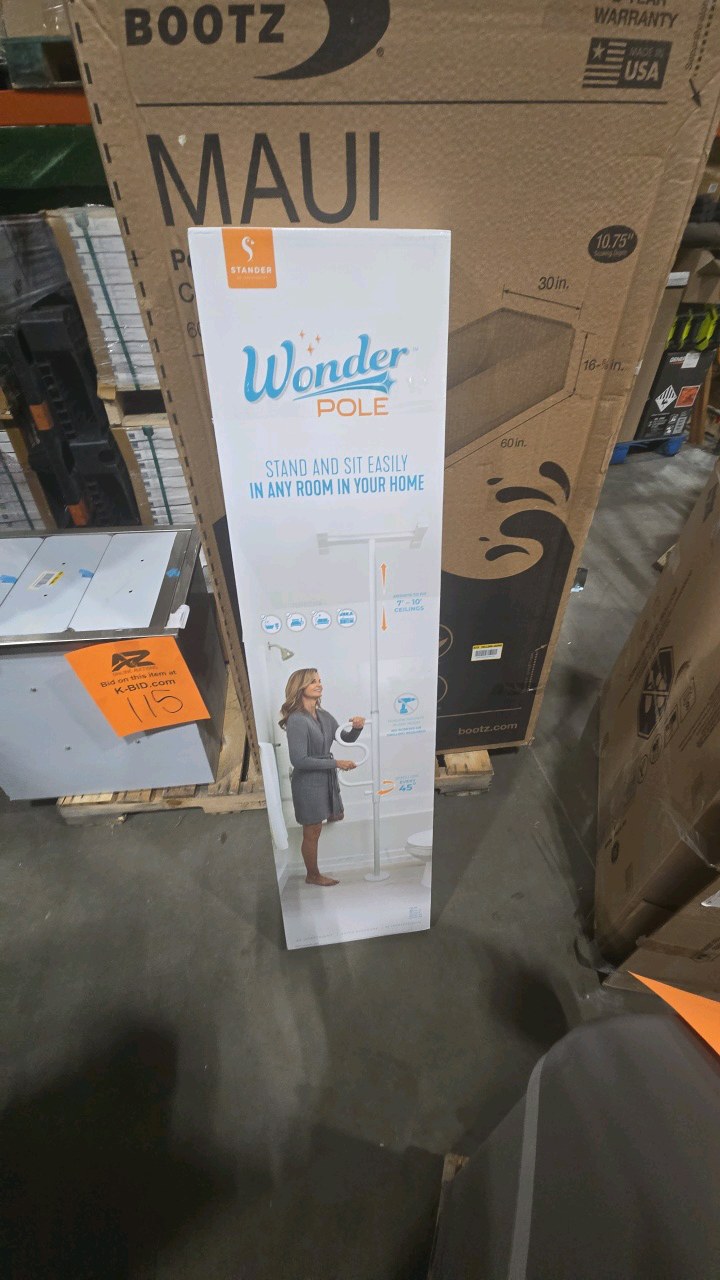 lot 121 image: Stander Wonder Pole, Adjustable 84 in. to 120 in. Curved Grab Bar, Tension Mounted Floor to Ceiling Security Pole in White