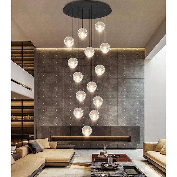 lot 128 image: 120 in. H 14-Light Black Staircase Chandelier Modern Pendant Light wGlass Shade for High Ceiling Living Room EntryFoyer