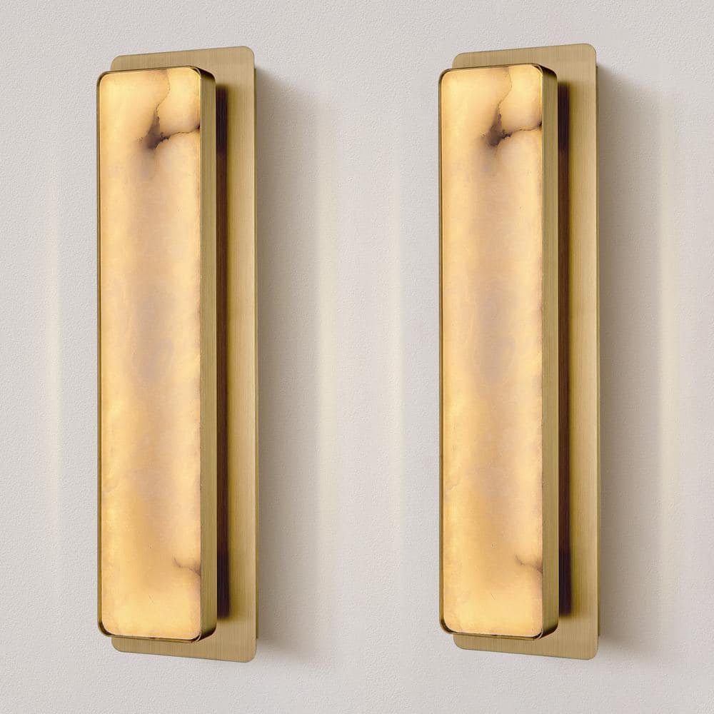 lot 129 image: 20 in. 1-Light 2-Piece Gold LED Wall Sconce, Natural Alabaster Modern Wall Light for Bedroom, Bathroom, Living Room