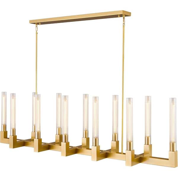 lot 131 image: YUYI 68 in. 12-Light Gold Candlestick Chandelier, Modern Chandelier with Glass Shade, Retangular Luxury Ceiling Pendant Light