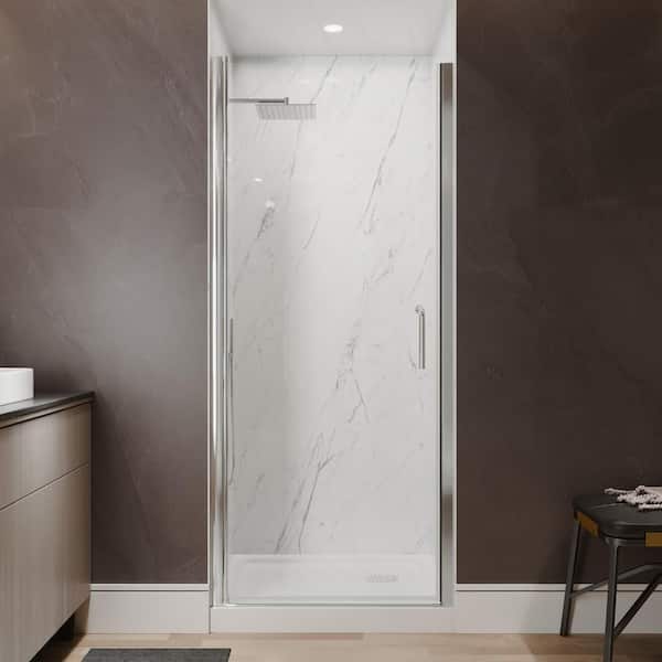 lot 137 image: WELLFOR 32-34 in. W x 72 in. H Pivot Frameless Shower Door in Chrome with 14 in. (6 mm) Clear Tempered Glass