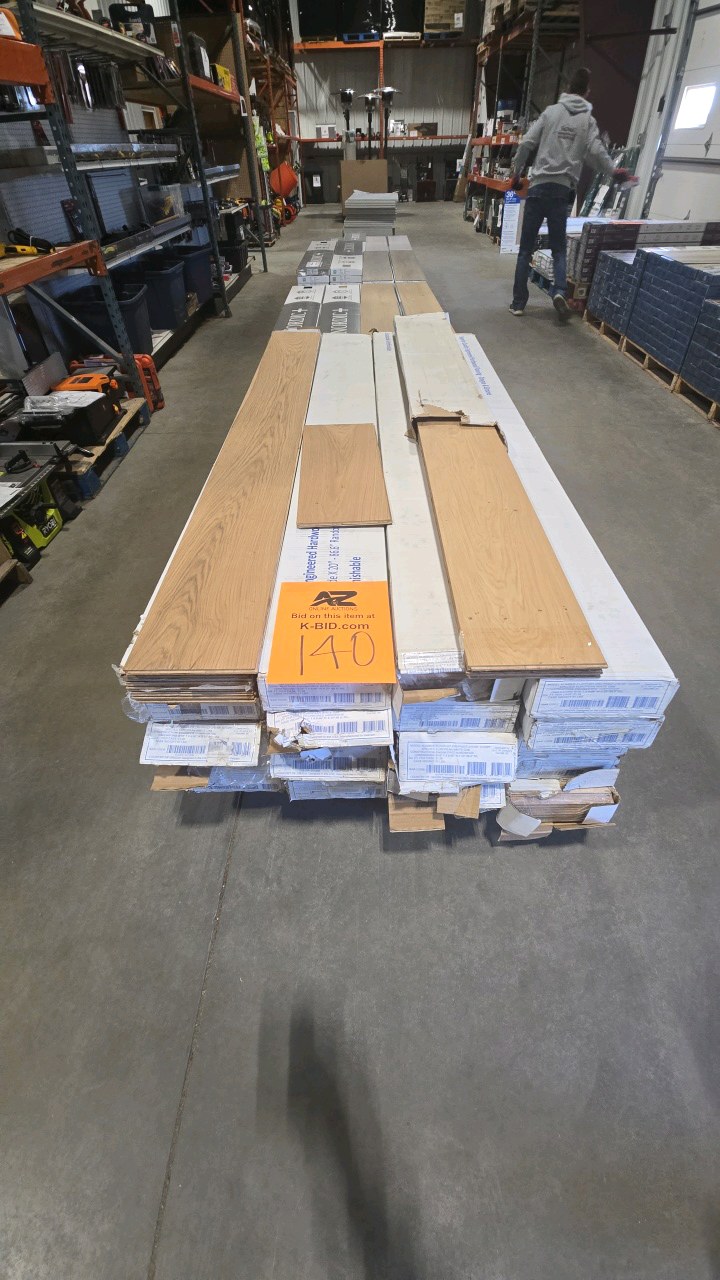 lot 140 image: 21 cases---ASPEN FLOORING Marigold XL Euro Oak 916 in. T x 8.66 in. W Tongue & Groove Wire Brushed Engineered Hardwood Flooring (656.25 sq ft)       sqft)